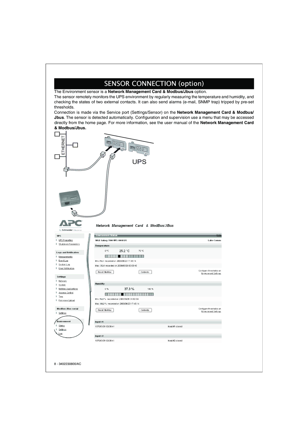 APC 66123 installation manual Sensor Connection option, Modbus/Jbus 