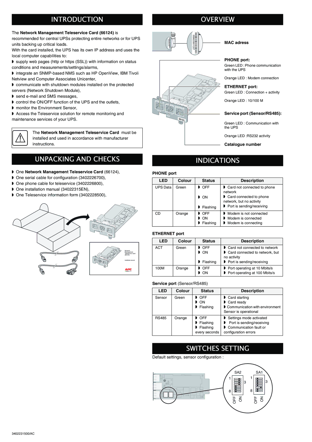 APC 66124 installation manual Introduction, Overview, Unpacking and Checks, Indications, Switches Setting 