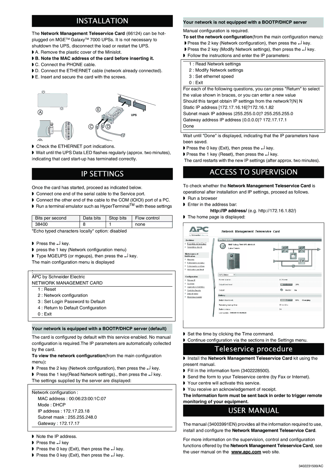 APC 66124 Installation, IP Settings, Access to Supervision, Your network is equipped with a BOOTP/DHCP server default 