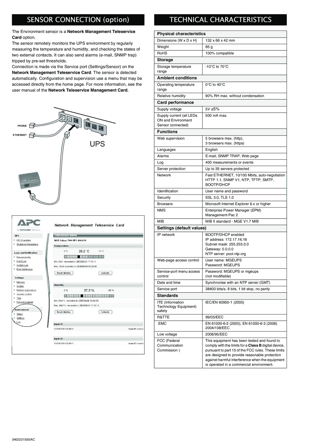 APC 66124 installation manual Technical Characteristics 