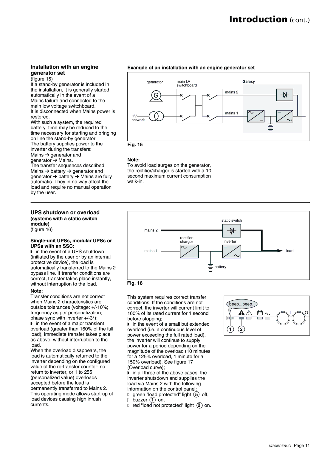 APC 6739380EN/JC user manual Installation with an engine generator set, UPS shutdown or overload 