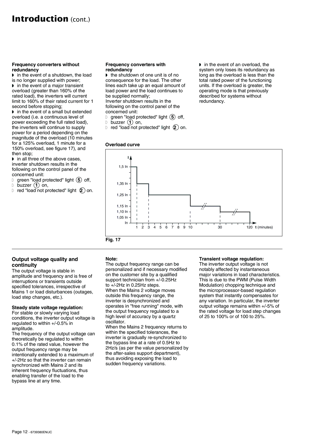 APC 6739380EN/JC user manual Output voltage quality and continuity, Frequency converters without redundancy, Overload curve 