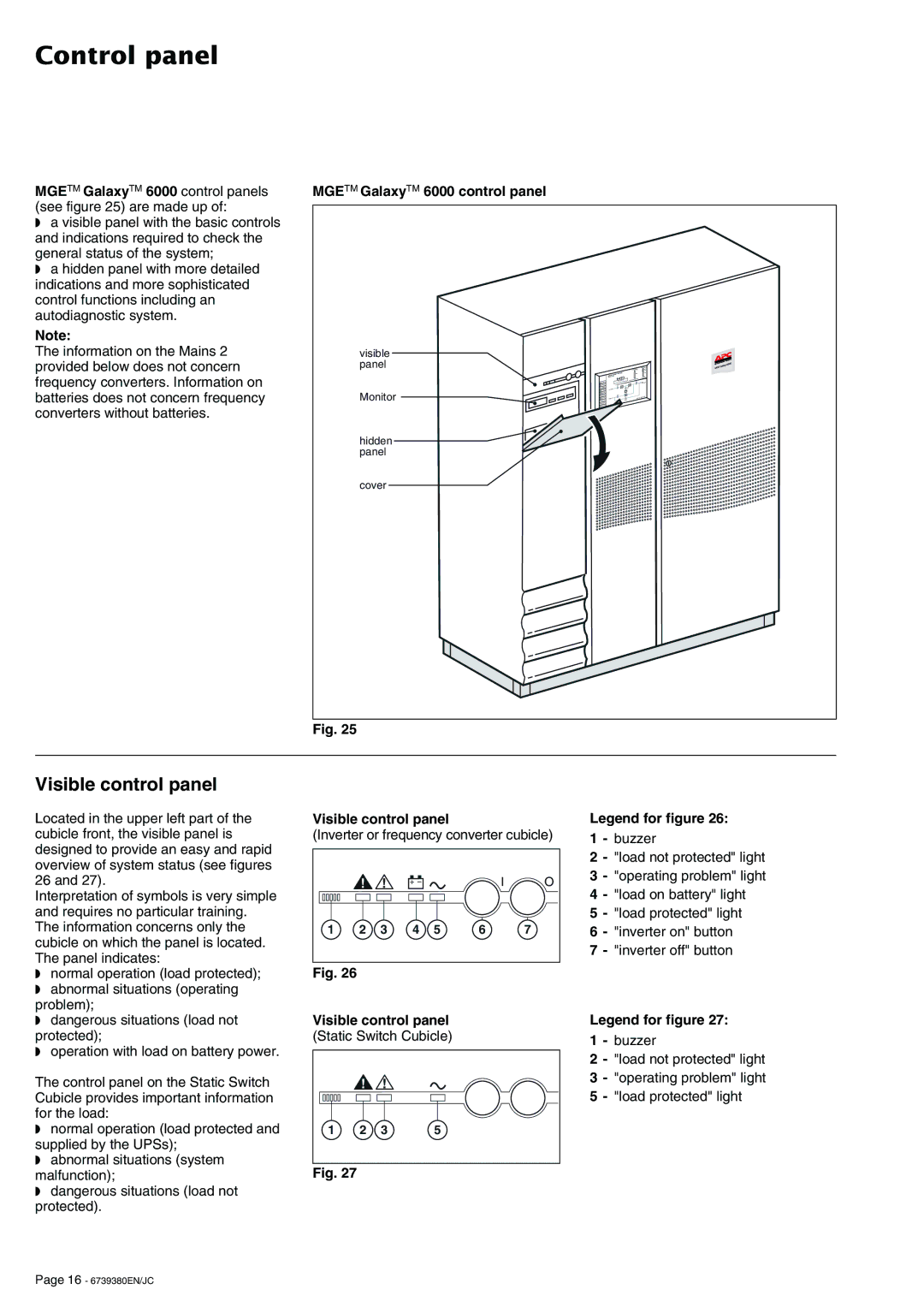 APC 6739380EN/JC user manual Control panel, Visible control panel, Mgetm GalaxyTM 6000 control panel 