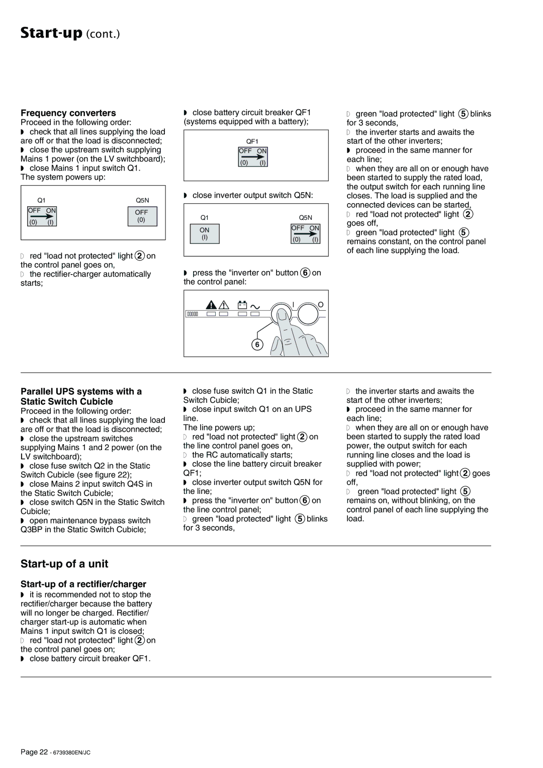 APC 6739380EN/JC user manual Start-up of a unit, Frequency converters, Parallel UPS systems with a Static Switch Cubicle 