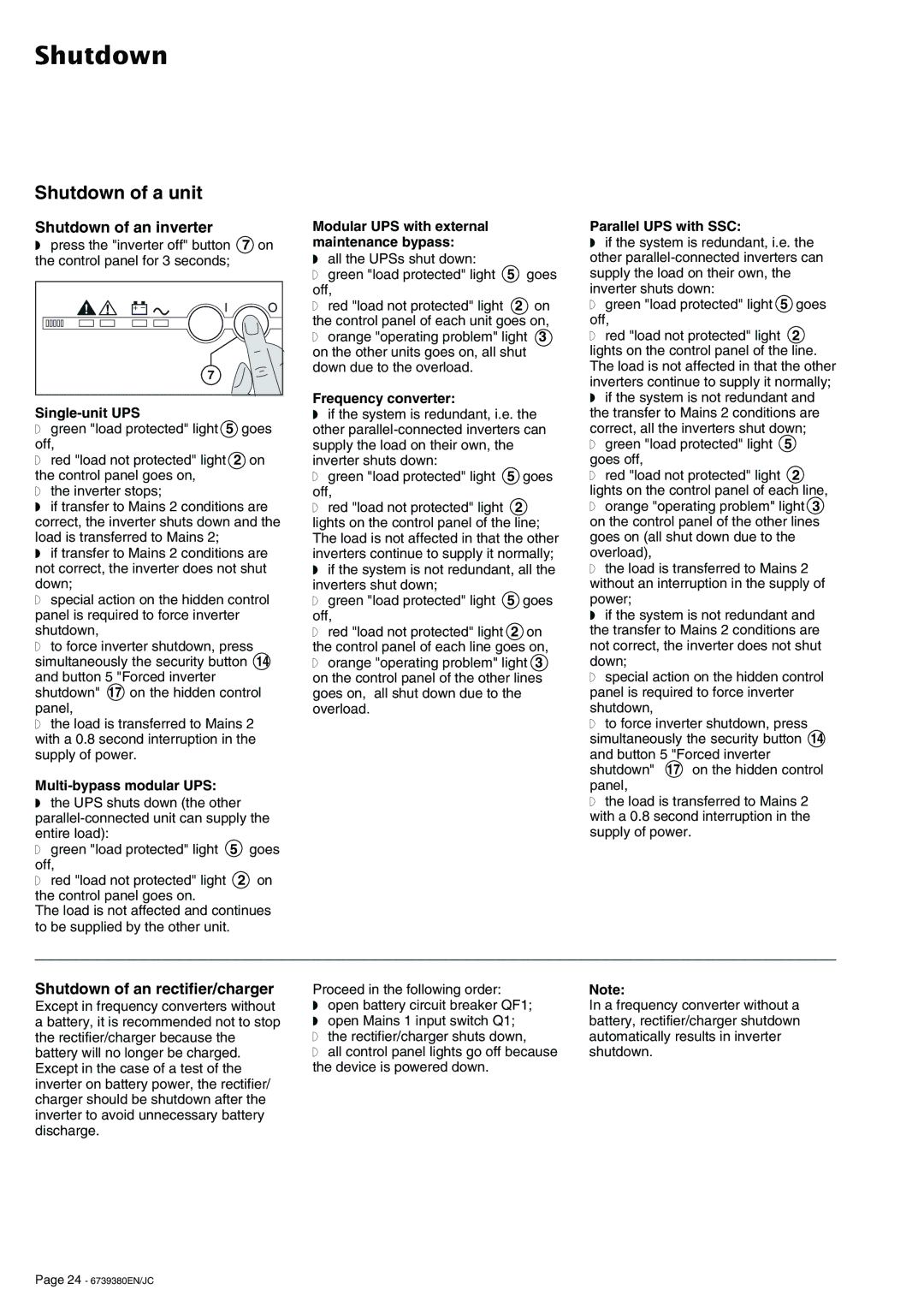 APC 6739380EN/JC user manual Shutdown of a unit, Shutdown of an inverter, Shutdown of an rectifier/charger 