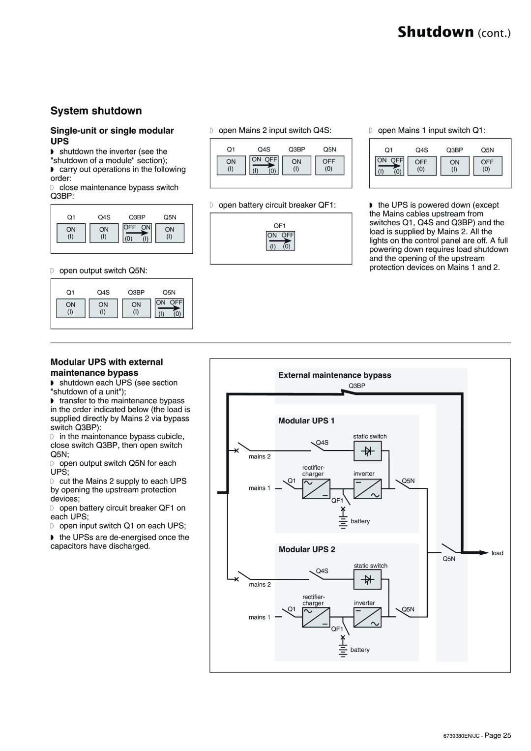 APC 6739380EN/JC user manual System shutdown, Single-unit or single modular, External maintenance bypass, Modular UPS 