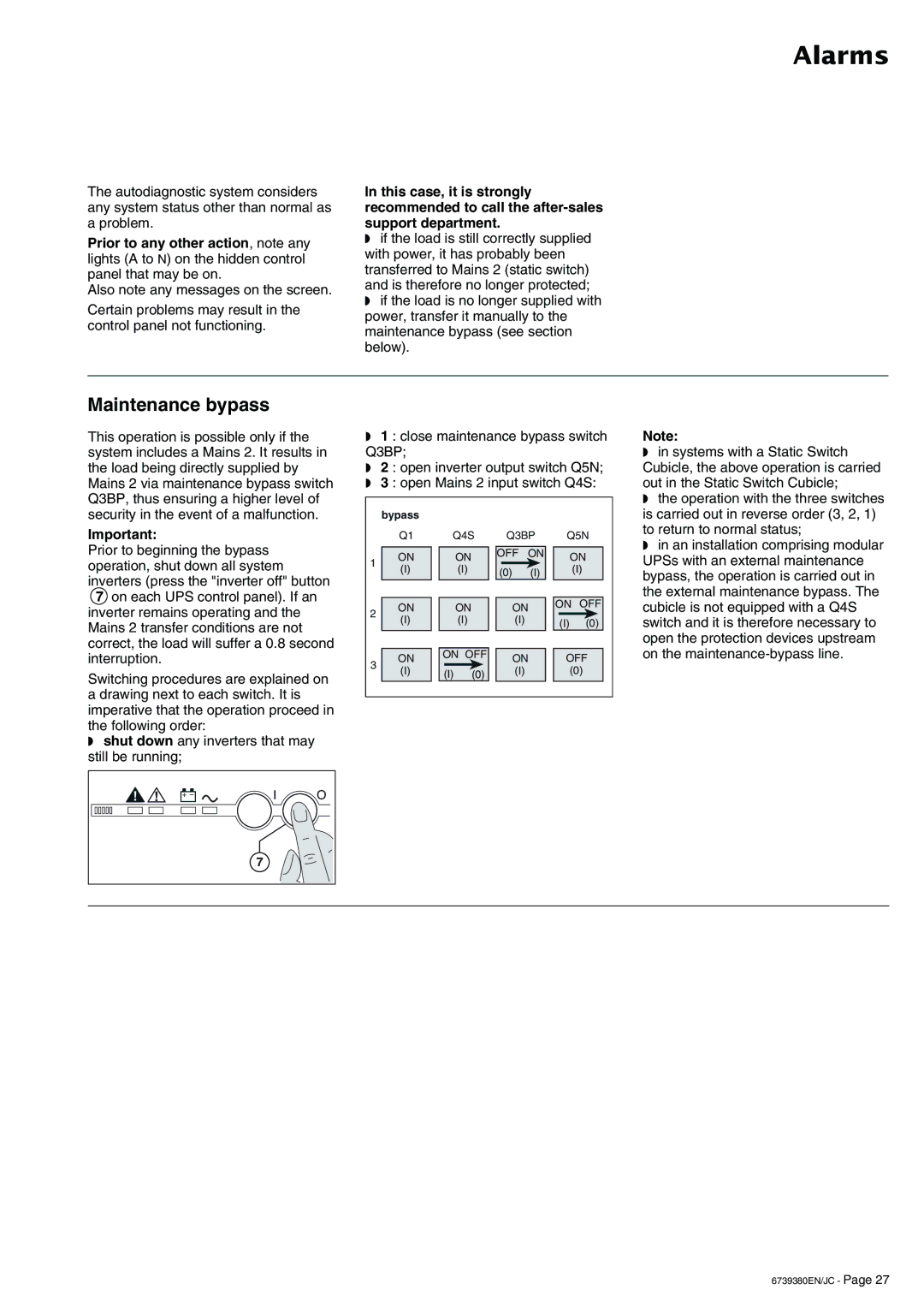 APC 6739380EN/JC user manual Alarms, Maintenance bypass 