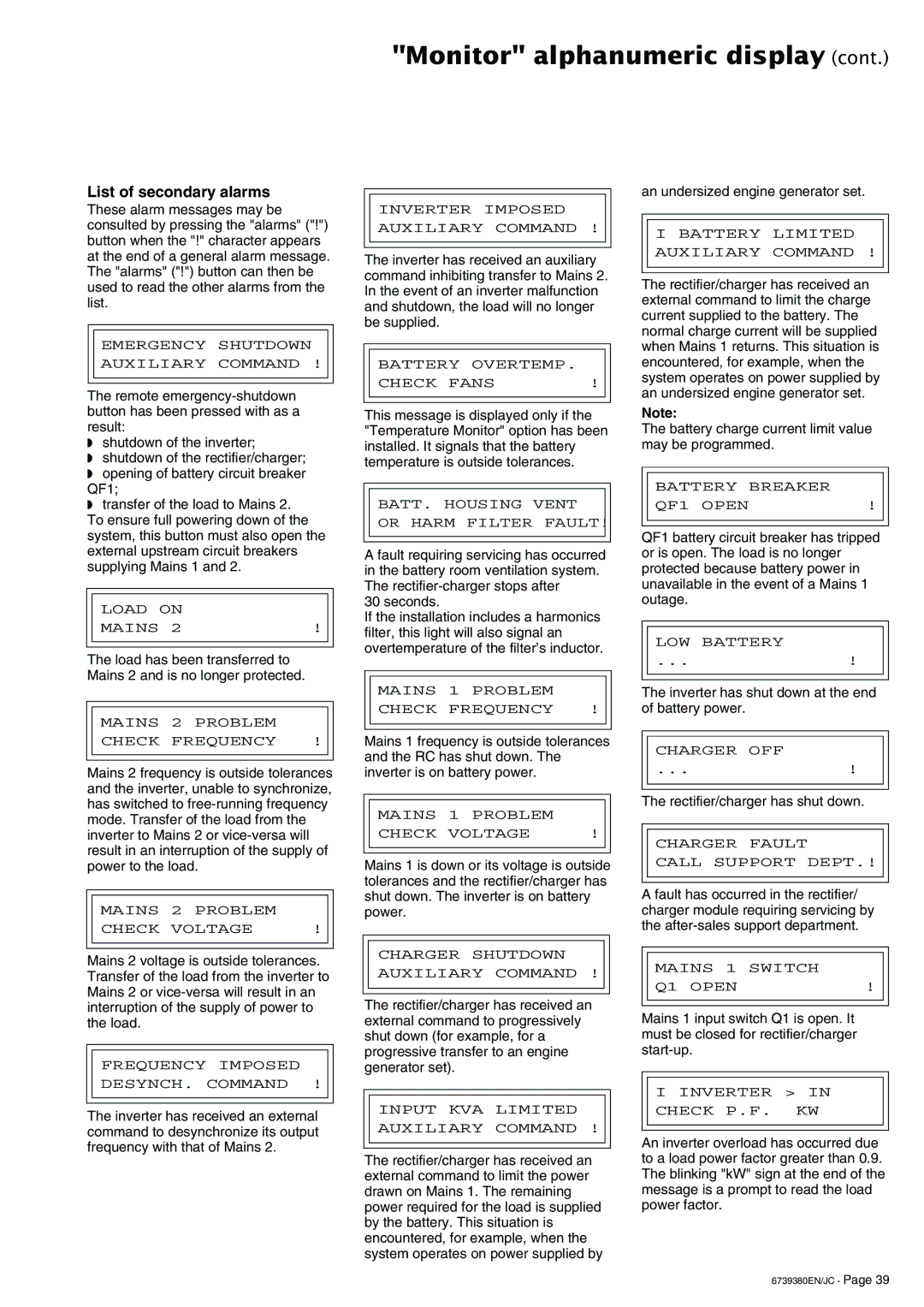 APC 6739380EN/JC user manual List of secondary alarms, Mains 2 Problem Check Frequency 