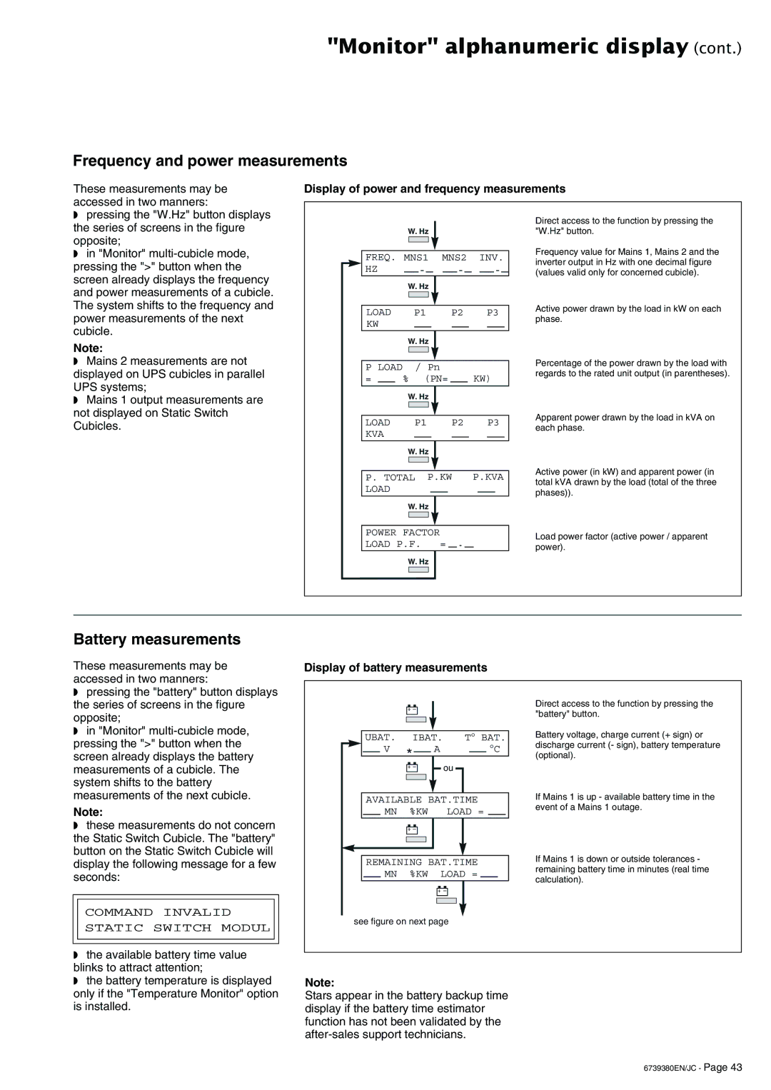 APC 6739380EN/JC Frequency and power measurements, Battery measurements, Display of power and frequency measurements 