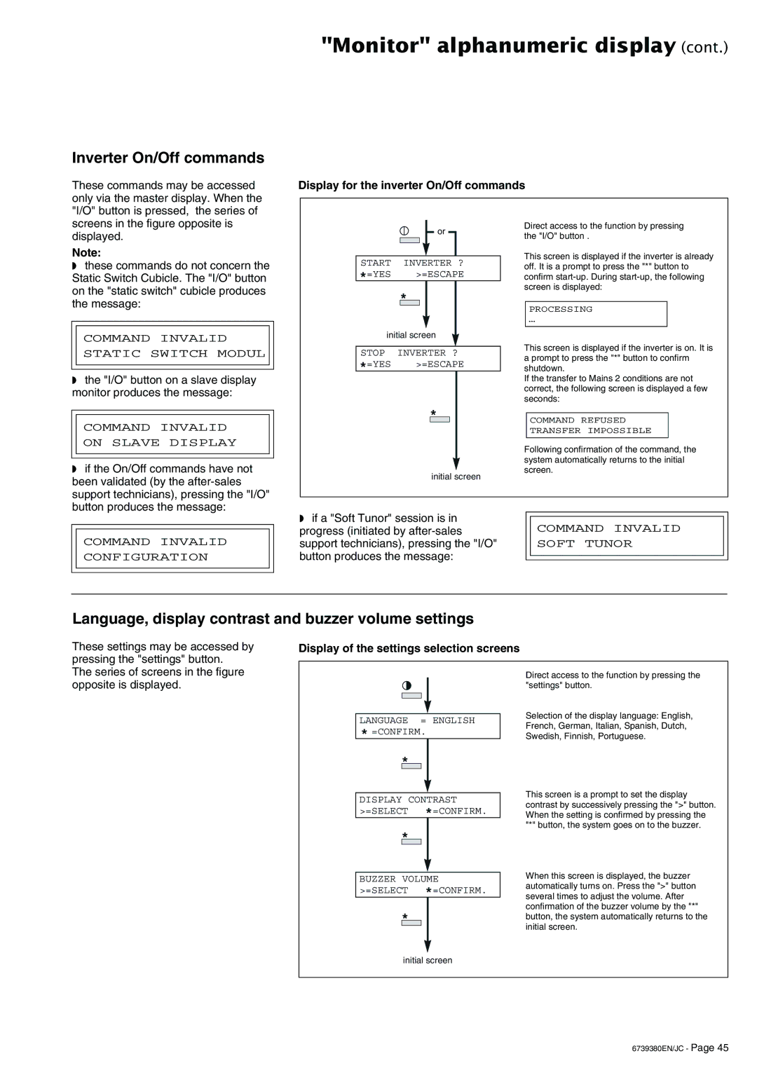 APC 6739380EN/JC user manual Inverter On/Off commands, Language, display contrast and buzzer volume settings 