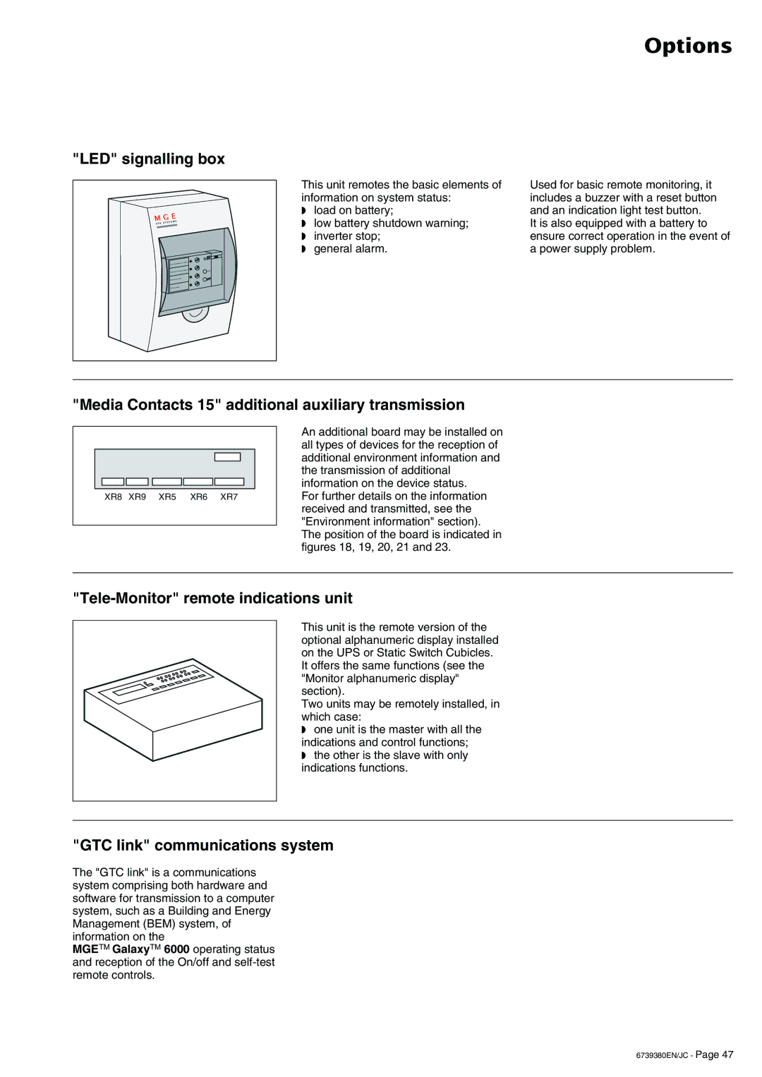 APC 6739380EN/JC user manual Options, LED signalling box, Media Contacts 15 additional auxiliary transmission 