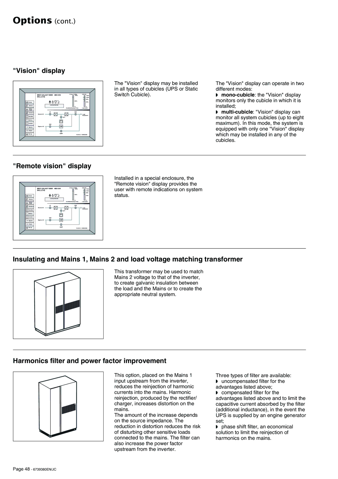 APC 6739380EN/JC user manual Vision display, Remote vision display, Harmonics filter and power factor improvement 