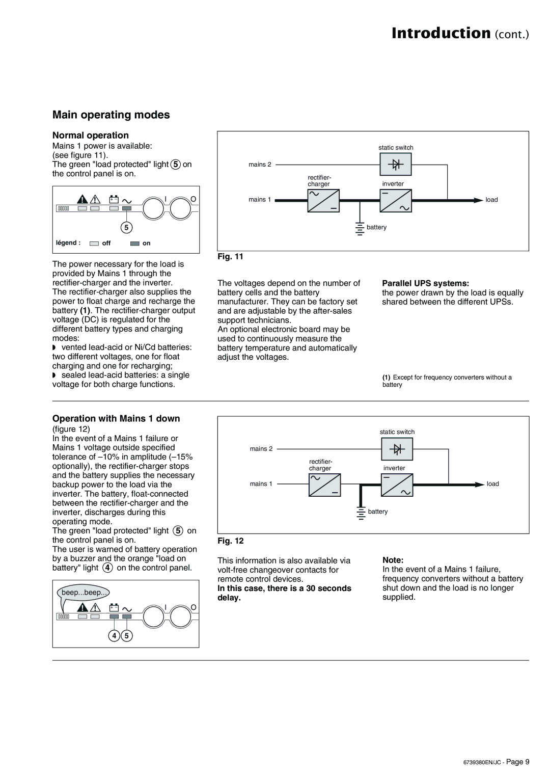 APC 6739380EN/JC user manual Main operating modes, Normal operation, Operation with Mains 1 down 