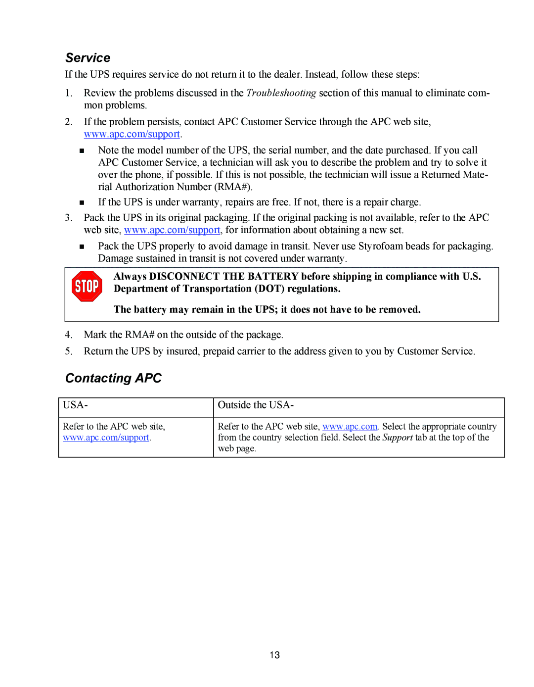 APC 750 user manual Service, Contacting APC 