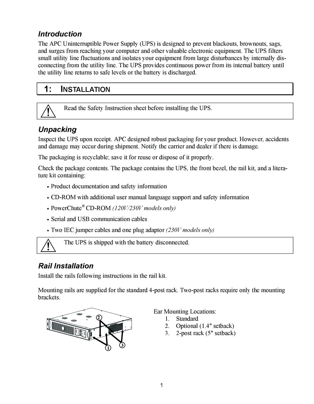 APC 750 user manual Introduction, Unpacking, Rail Installation 