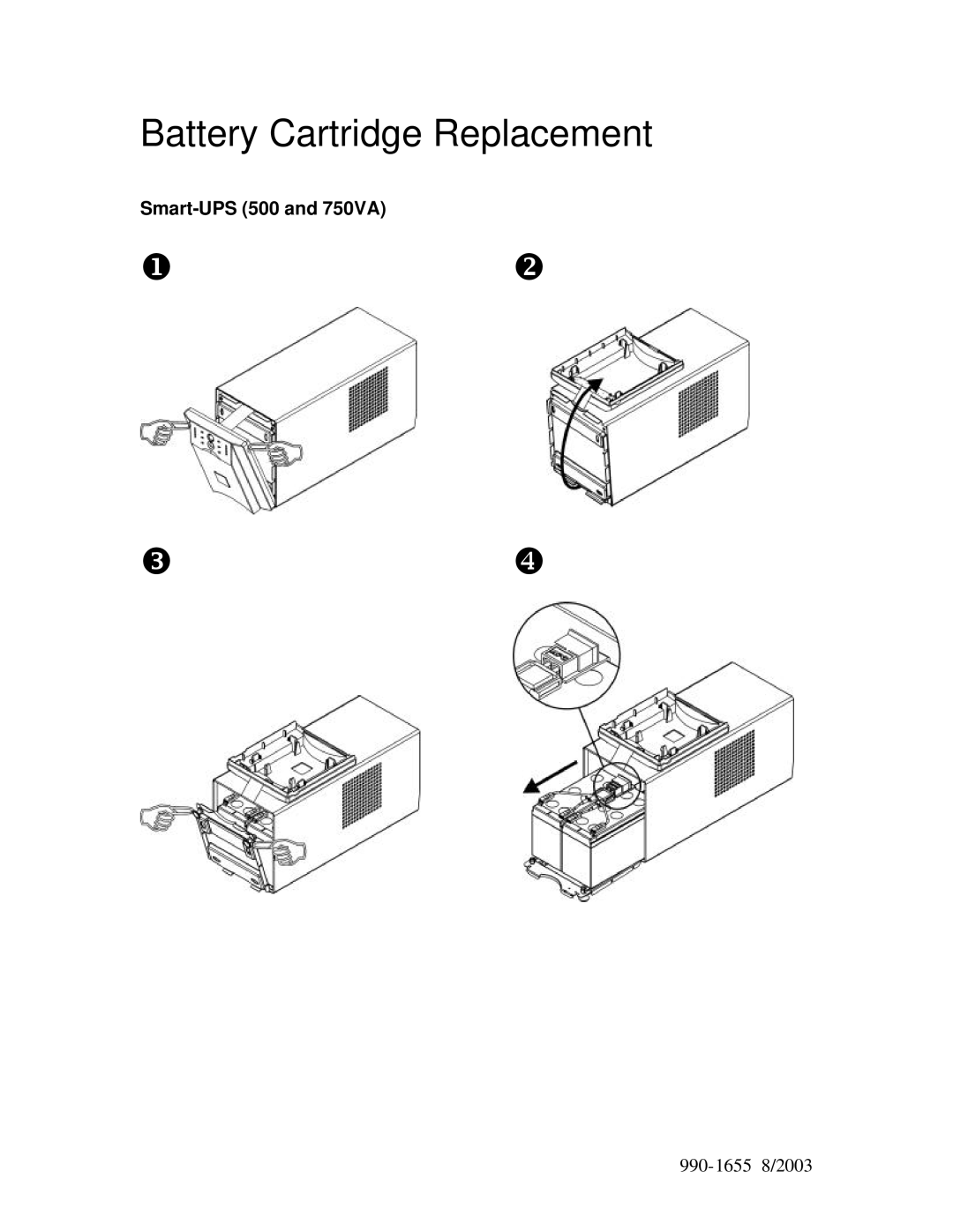 APC 500, 750VA, RBC48, 990-1655 8/2003 manual Battery Cartridge Replacement 