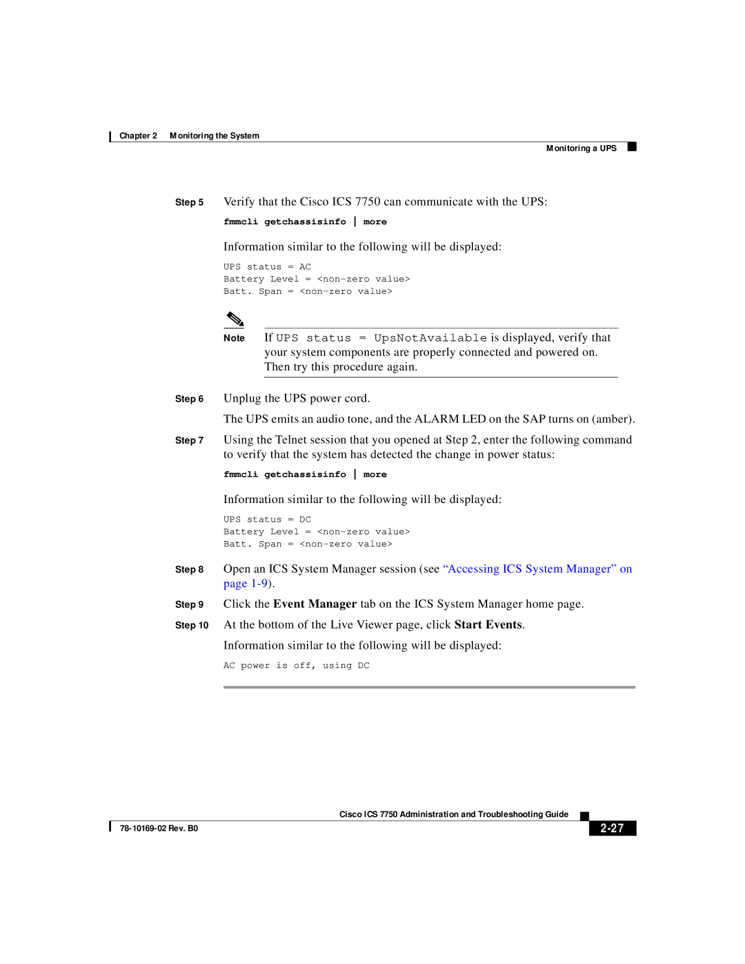 APC 78-10169-02 manual Verify that the Cisco ICS 7750 can communicate with the UPS 