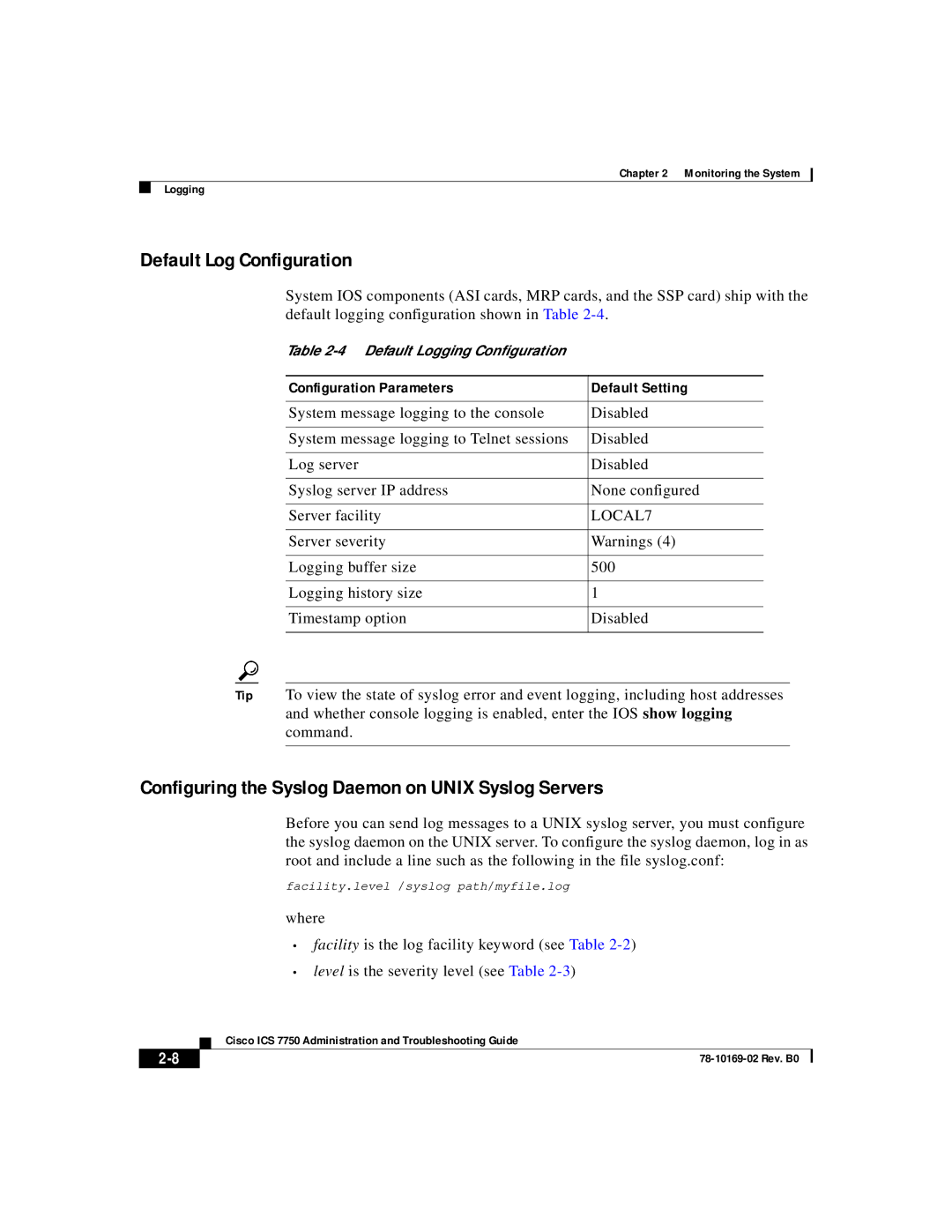 APC 78-10169-02 manual Default Log Configuration, Configuring the Syslog Daemon on Unix Syslog Servers 