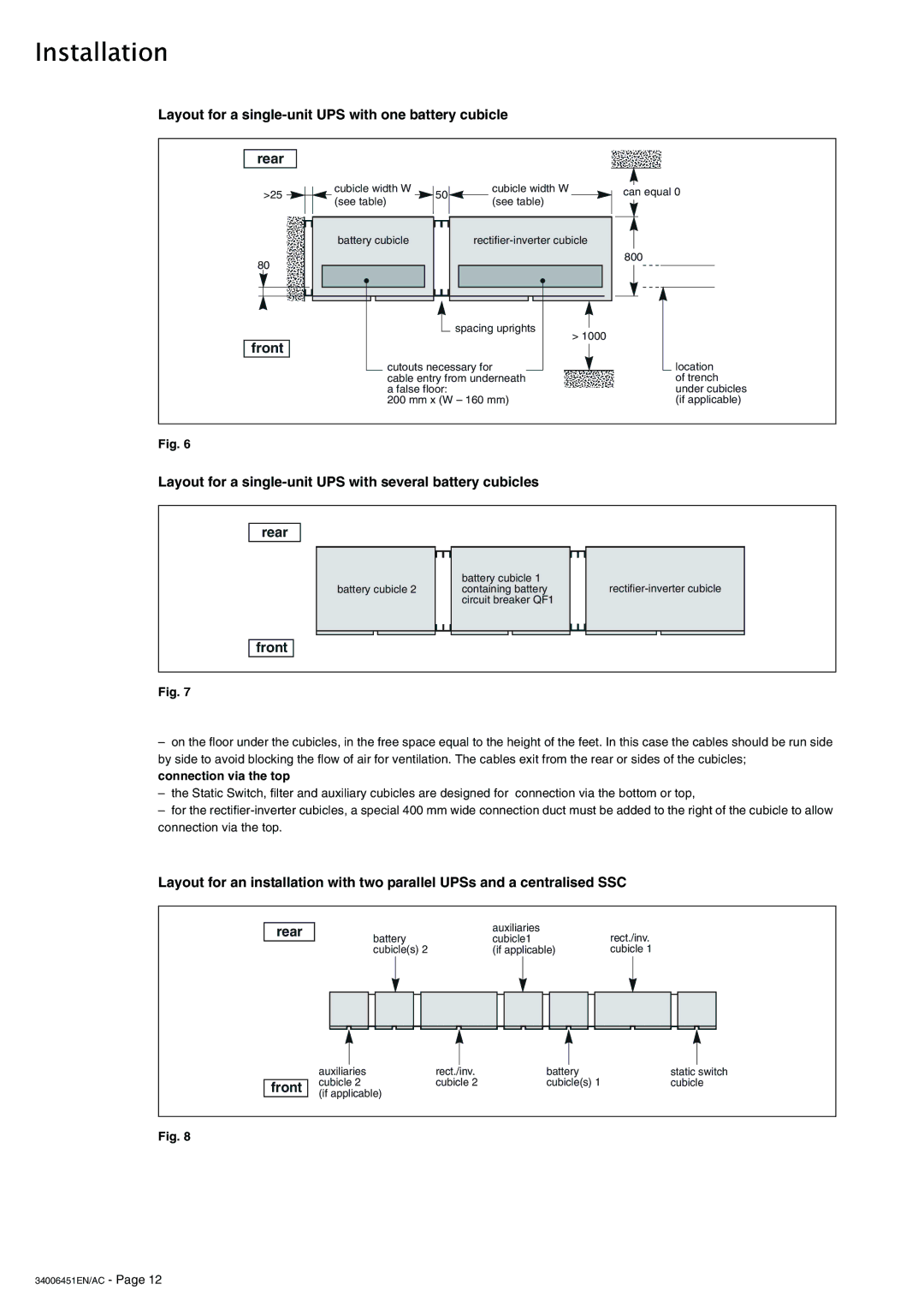 APC 9000 installation manual Layout for a single-unit UPS with one battery cubicle Rear 