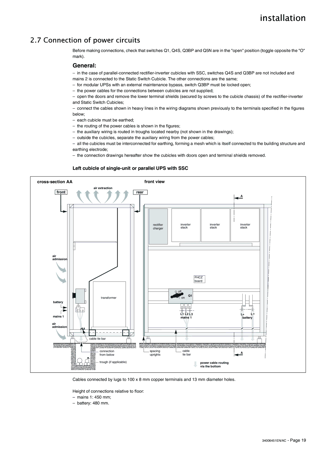 APC 9000 Connection of power circuits, General, Left cubicle of single-unit or parallel UPS with SSC, Cross-section AA 