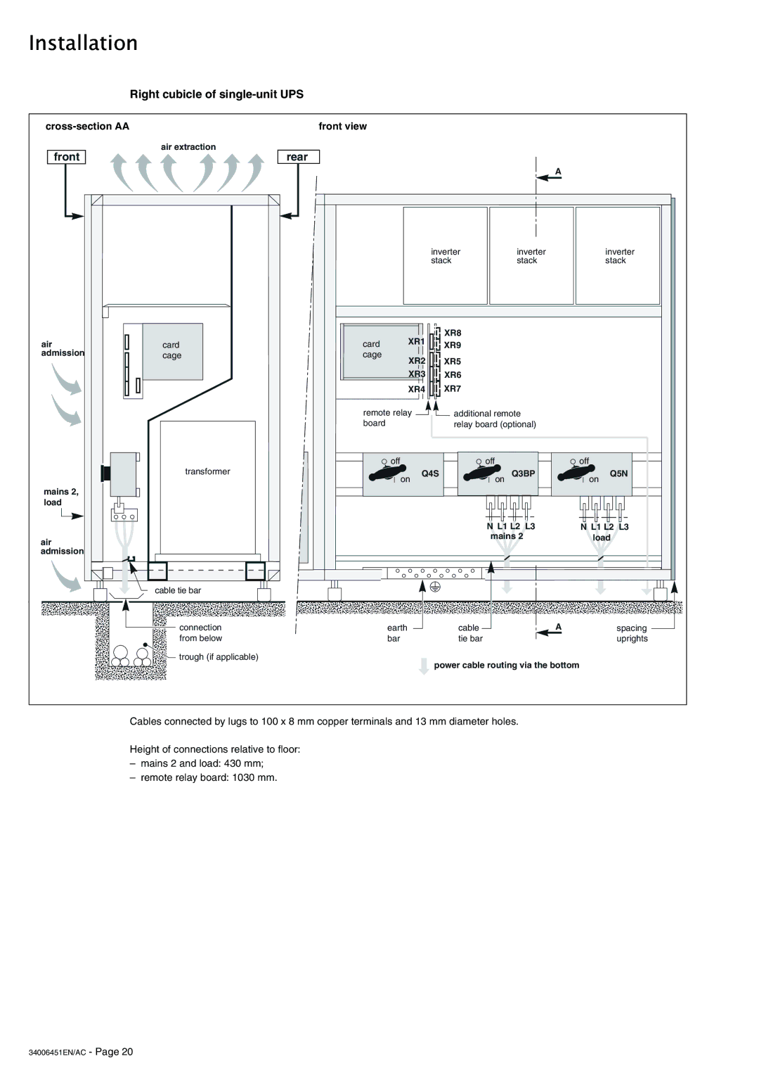 APC 9000 installation manual Right cubicle of single-unit UPS, XR1 XR8, XR9, XR2 XR5 XR3 XR6 XR4 XR7, Q4S Q3BP Q5N 