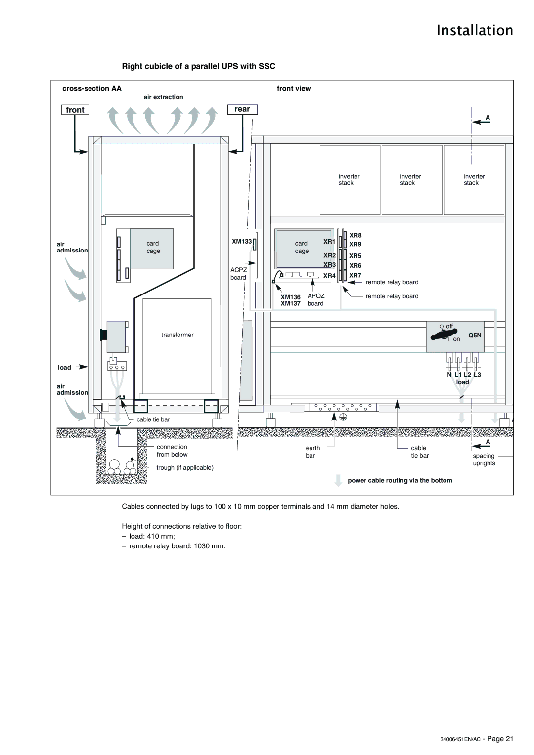 APC 9000 installation manual Right cubicle of a parallel UPS with SSC, Front Rear, XR2 XR5, XR3 XR6 XR4 XR7 