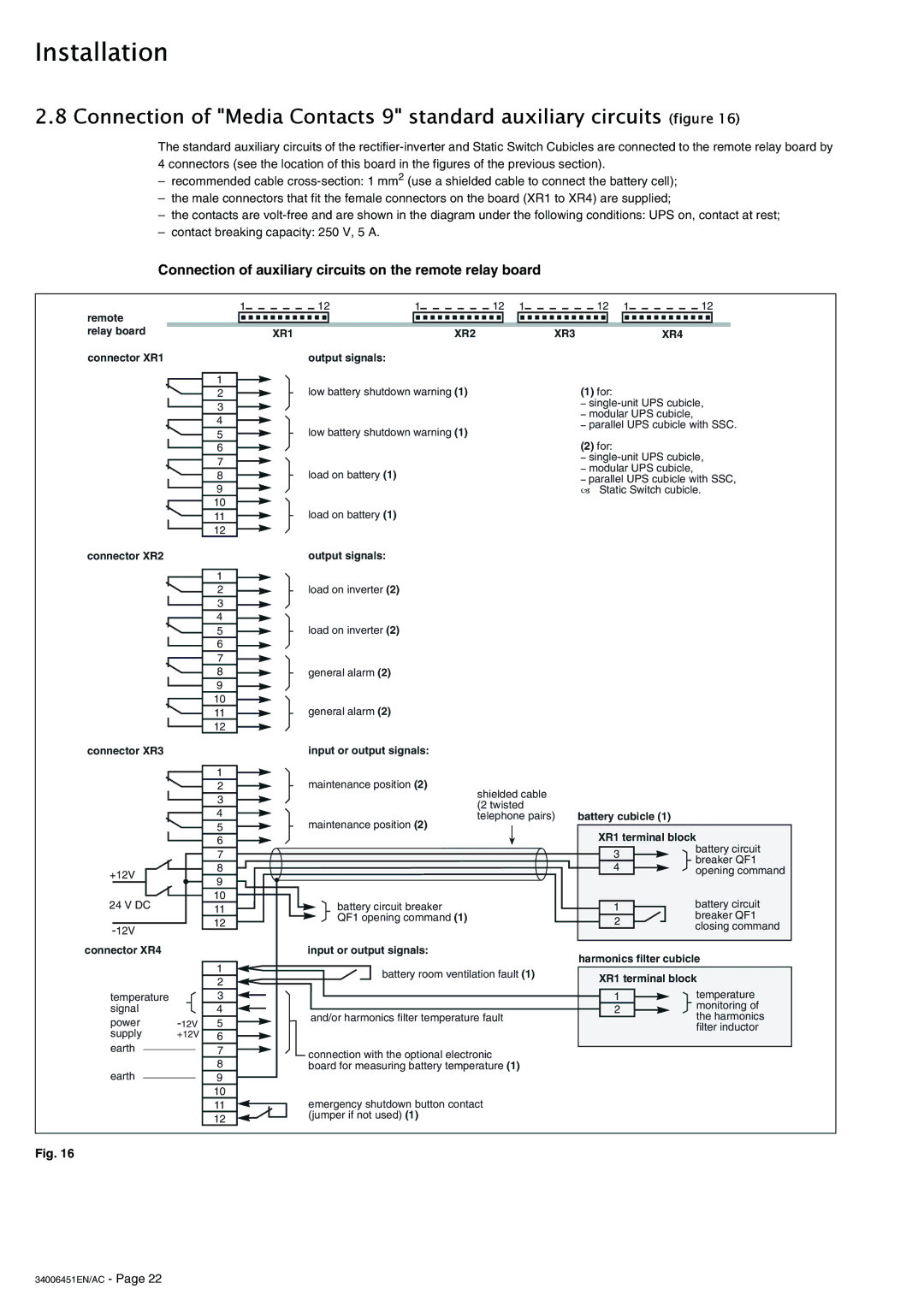 APC 9000 installation manual Connection of auxiliary circuits on the remote relay board, XR1 XR2 XR3 XR4 