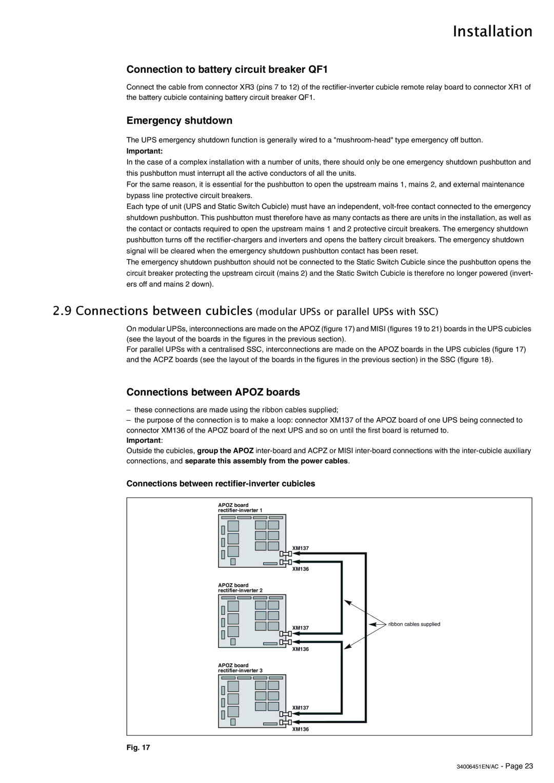 APC 9000 installation manual Connection to battery circuit breaker QF1, Emergency shutdown, Connections between Apoz boards 