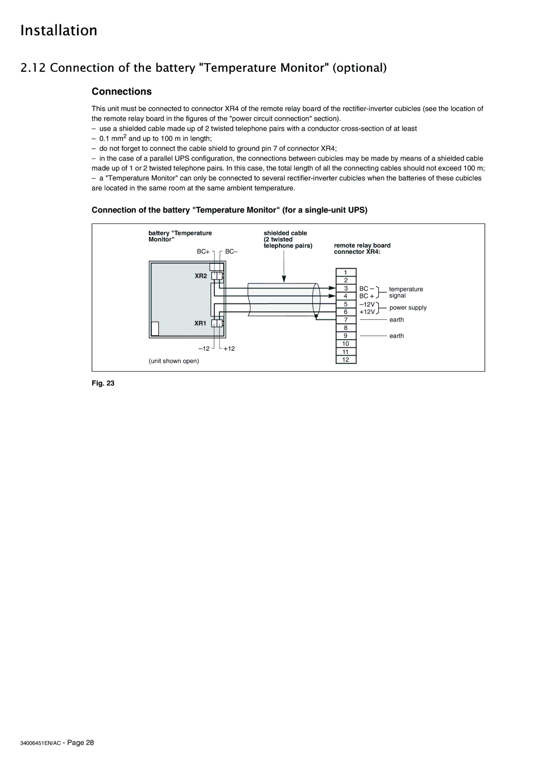 APC 9000 installation manual Connection of the battery Temperature Monitor optional, Connections, XR2 XR1 