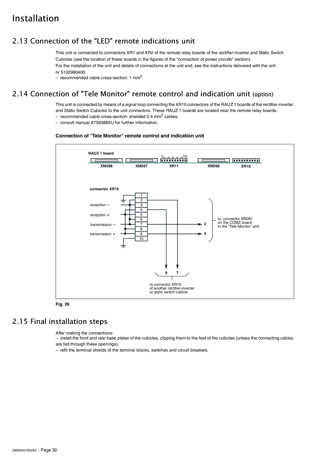 APC 9000 installation manual Connection of the LED remote indications unit, Final installation steps 