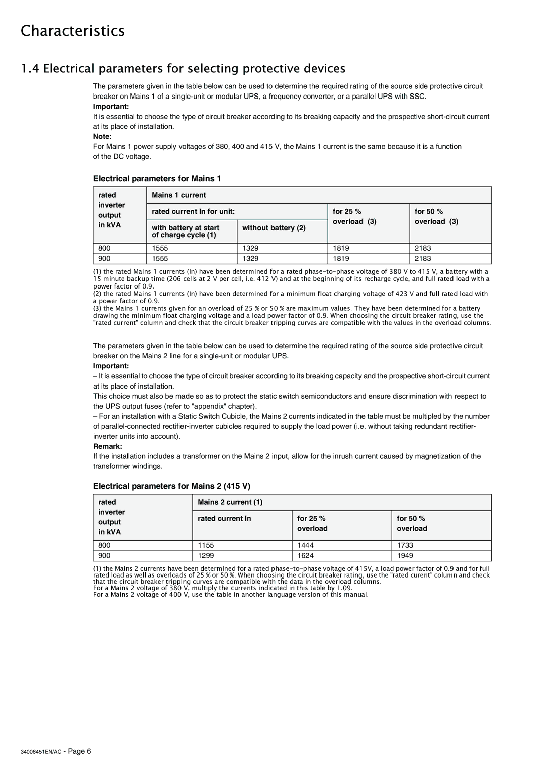 APC 9000 Electrical parameters for selecting protective devices, Electrical parameters for Mains, Remark 