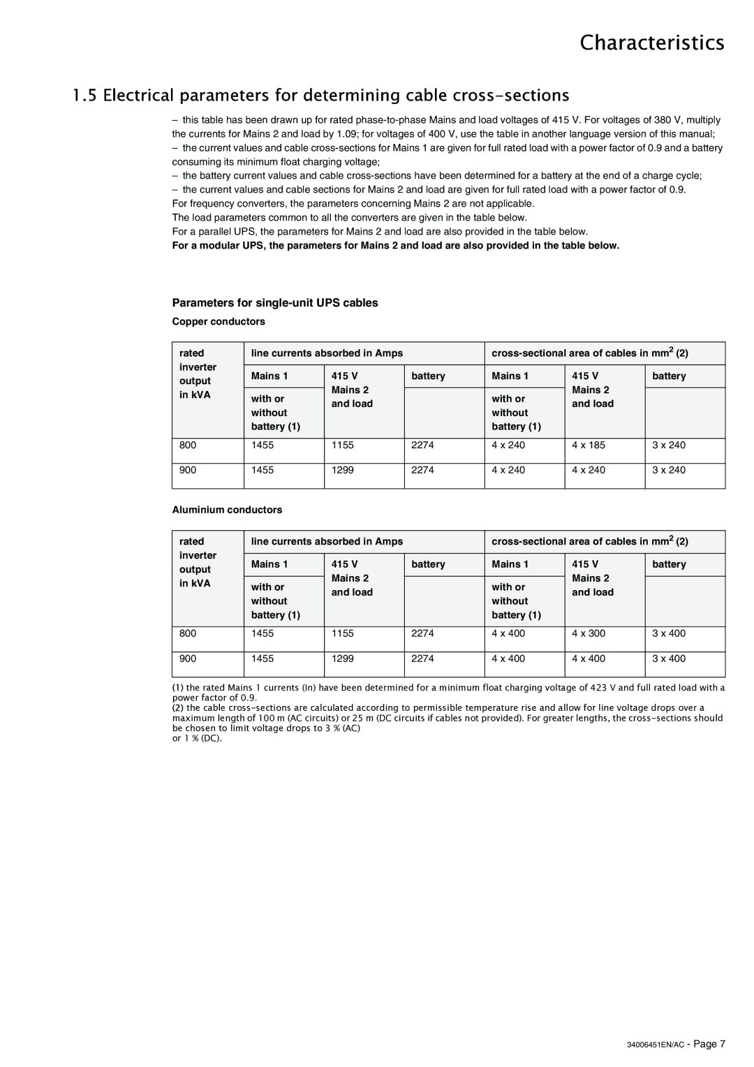APC 9000 Electrical parameters for determining cable cross-sections, Parameters for single-unit UPS cables 