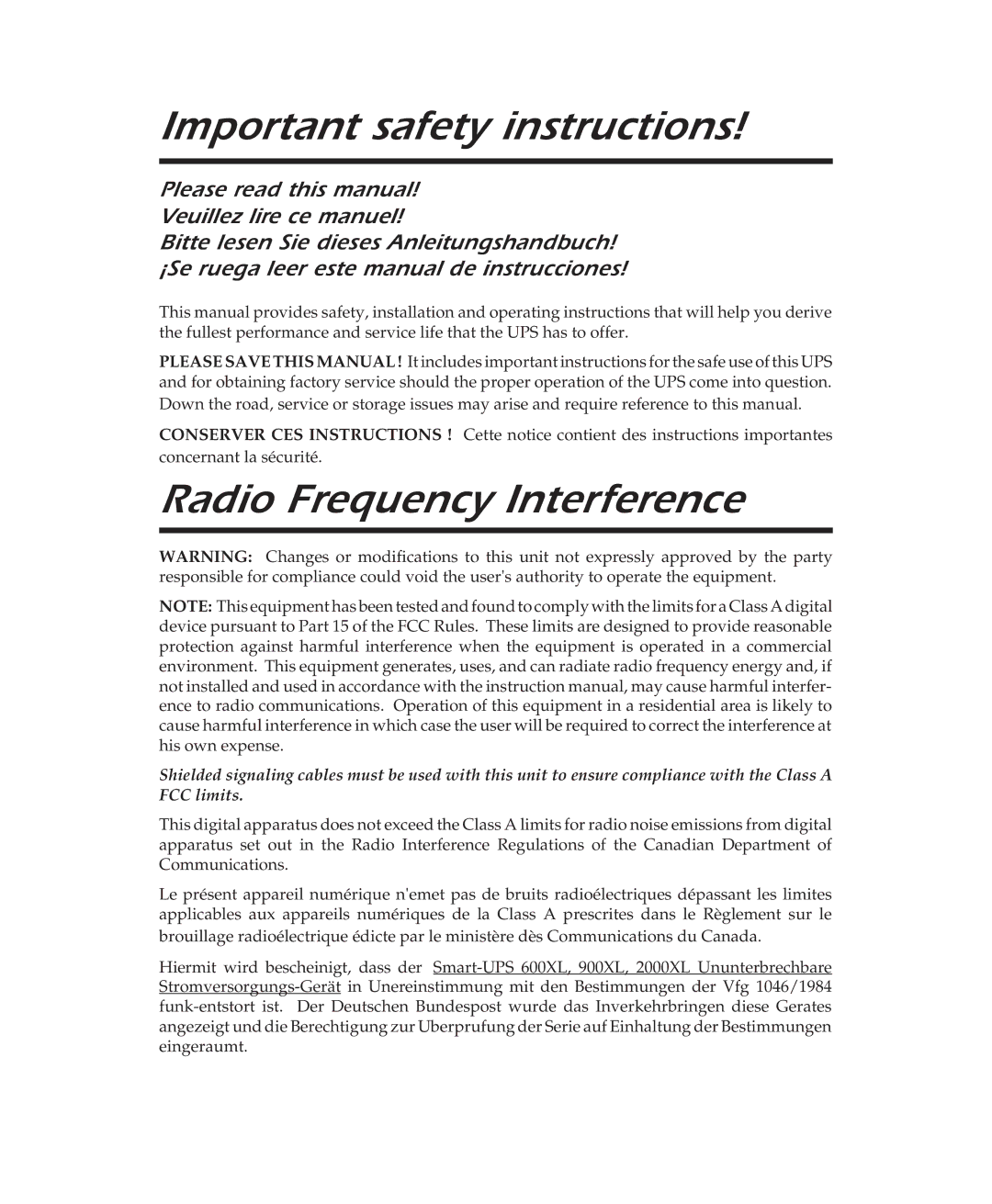 APC 600XL, 900XL, 2000XL user manual Important safety instructions, Radio Frequency Interference 