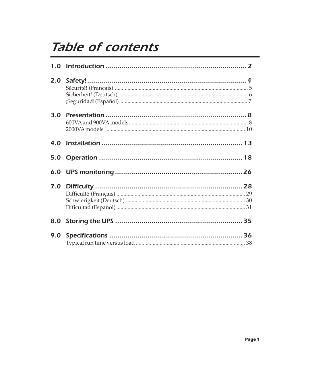 APC 900XL, 2000XL, 600XL user manual Table of contents 