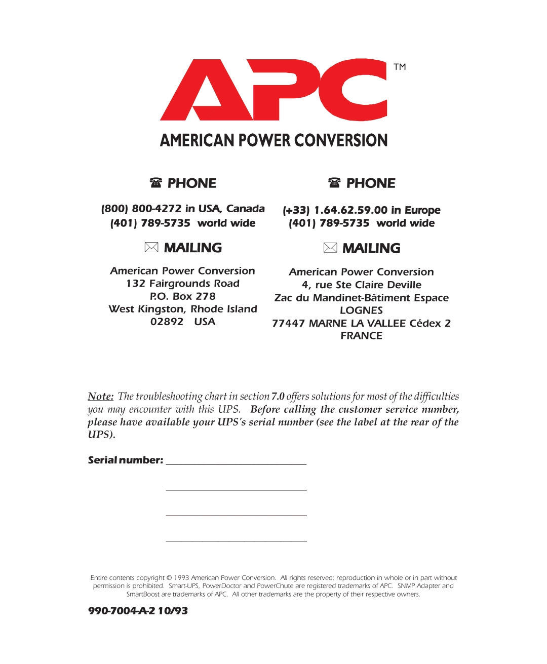 APC 600XL, 900XL, 2000XL user manual ∗ Mailing 