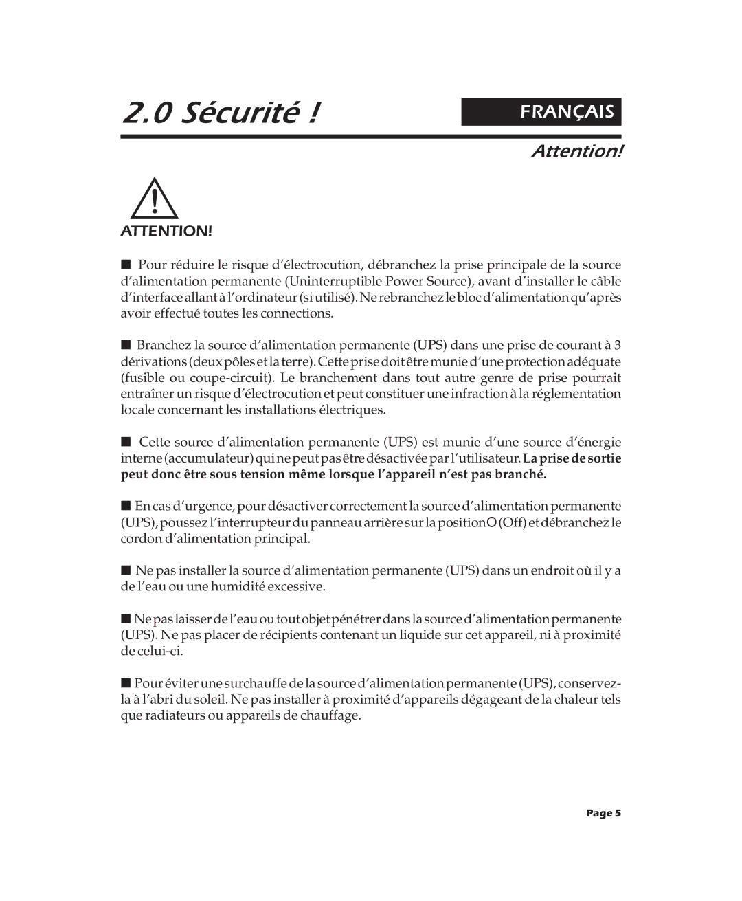 APC 2000XL, 900XL, 600XL user manual Sécurité 