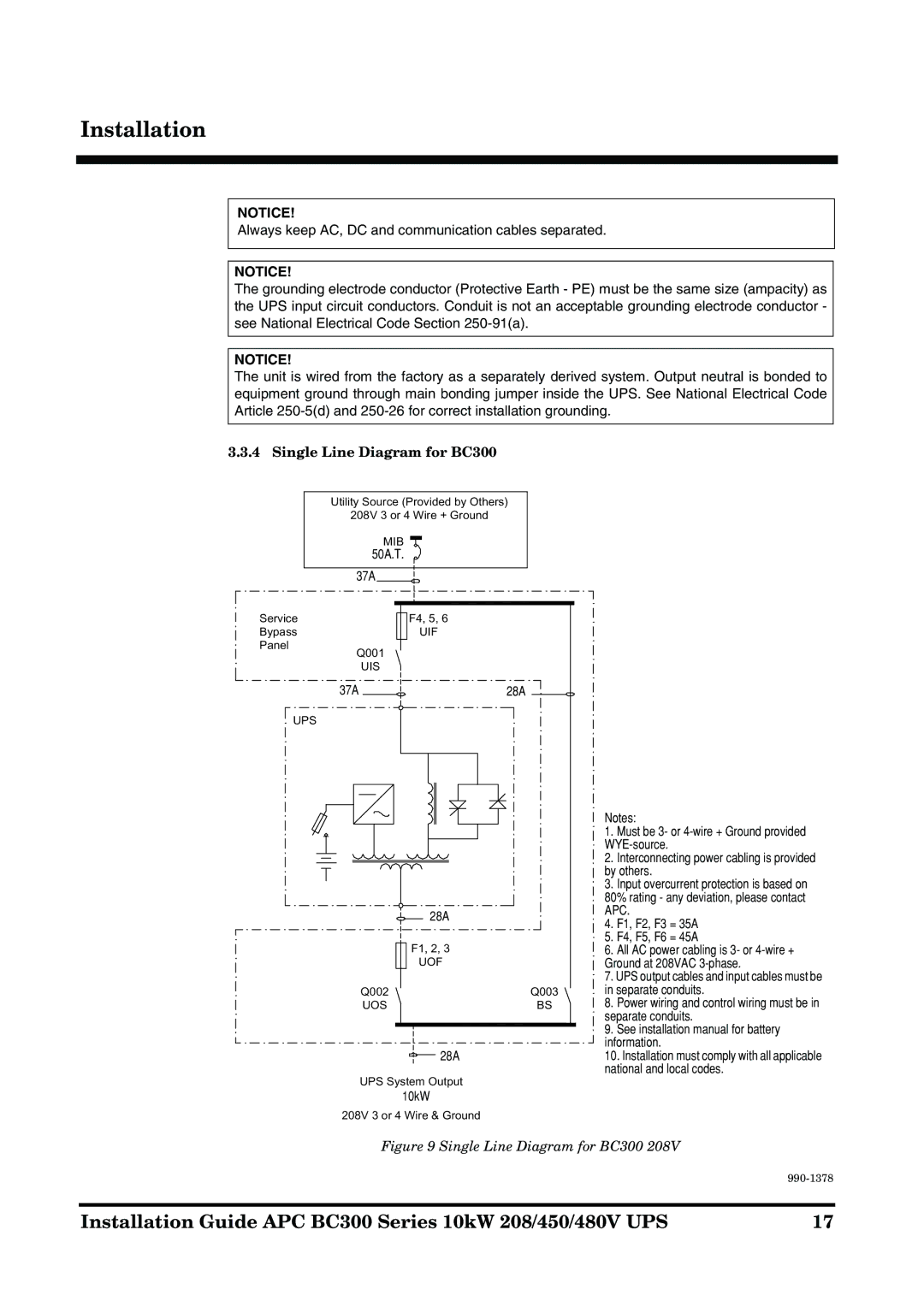 APC 990-1378 manual Single Line Diagram for BC300 