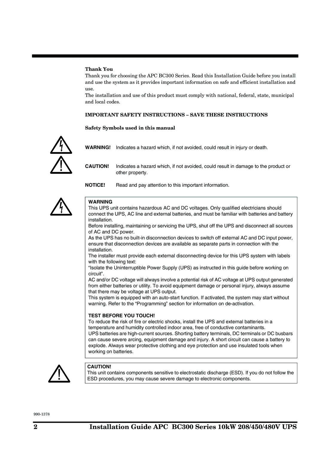 APC 990-1378 Installation Guide APC BC300 Series 10kW 208/450/480V UPS, Thank You, Safety Symbols used in this manual 