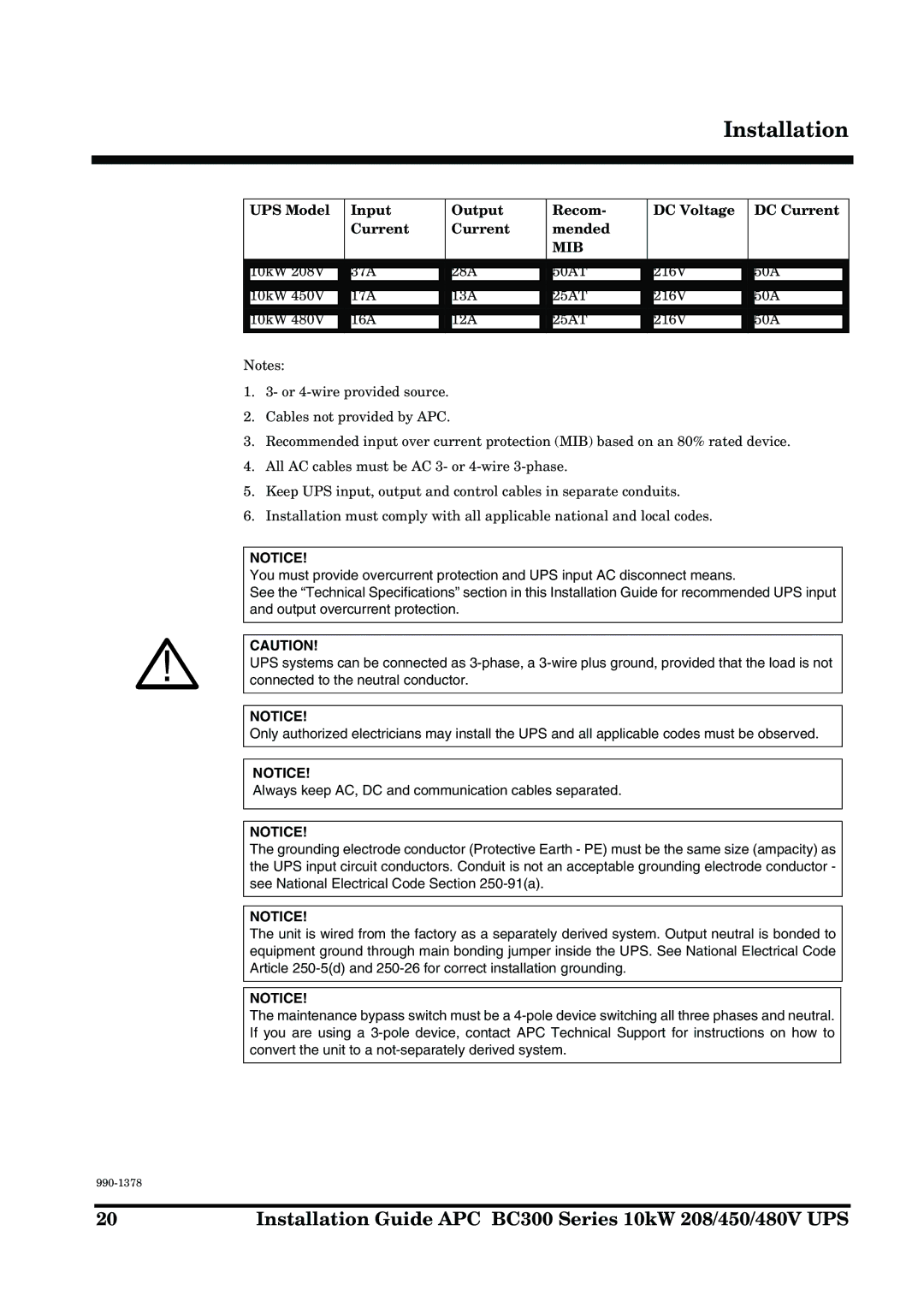 APC 990-1378 manual UPS Model Input Output Recom DC Voltage DC Current Mended, Mib 