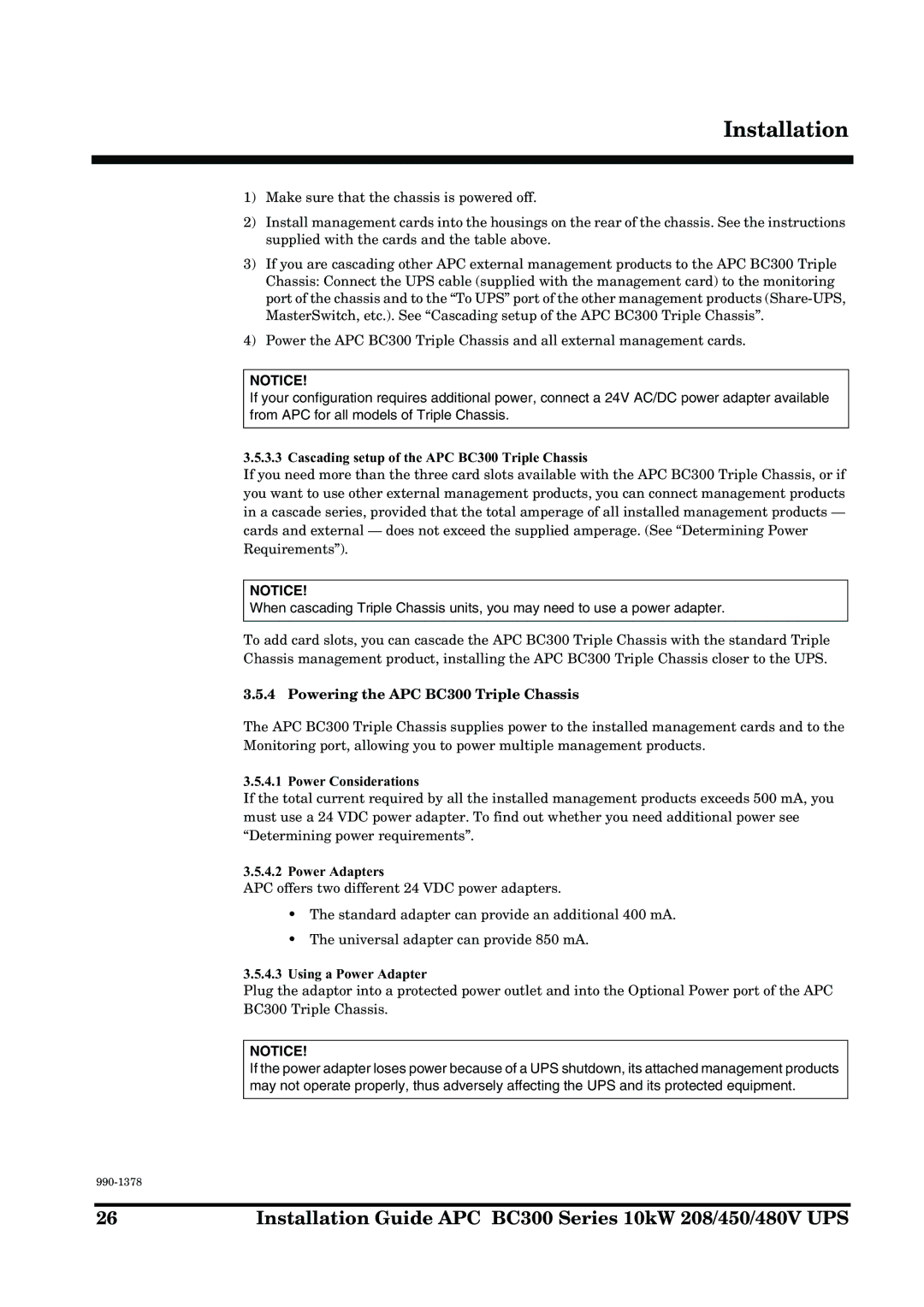 APC 990-1378 Cascading setup of the APC BC300 Triple Chassis, Powering the APC BC300 Triple Chassis, Power Considerations 