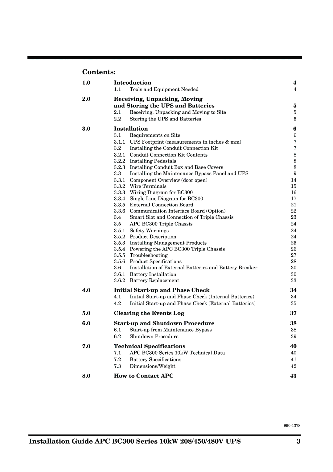 APC 990-1378 manual Contents 