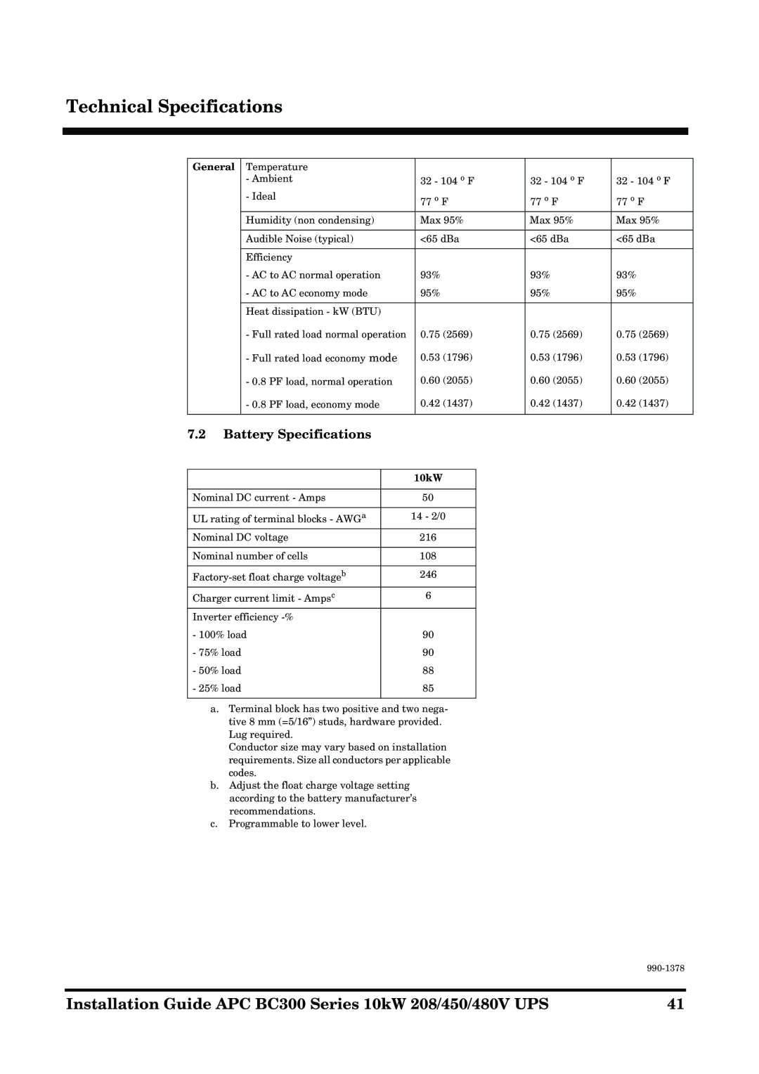 APC 990-1378 manual Battery Specifications, General 