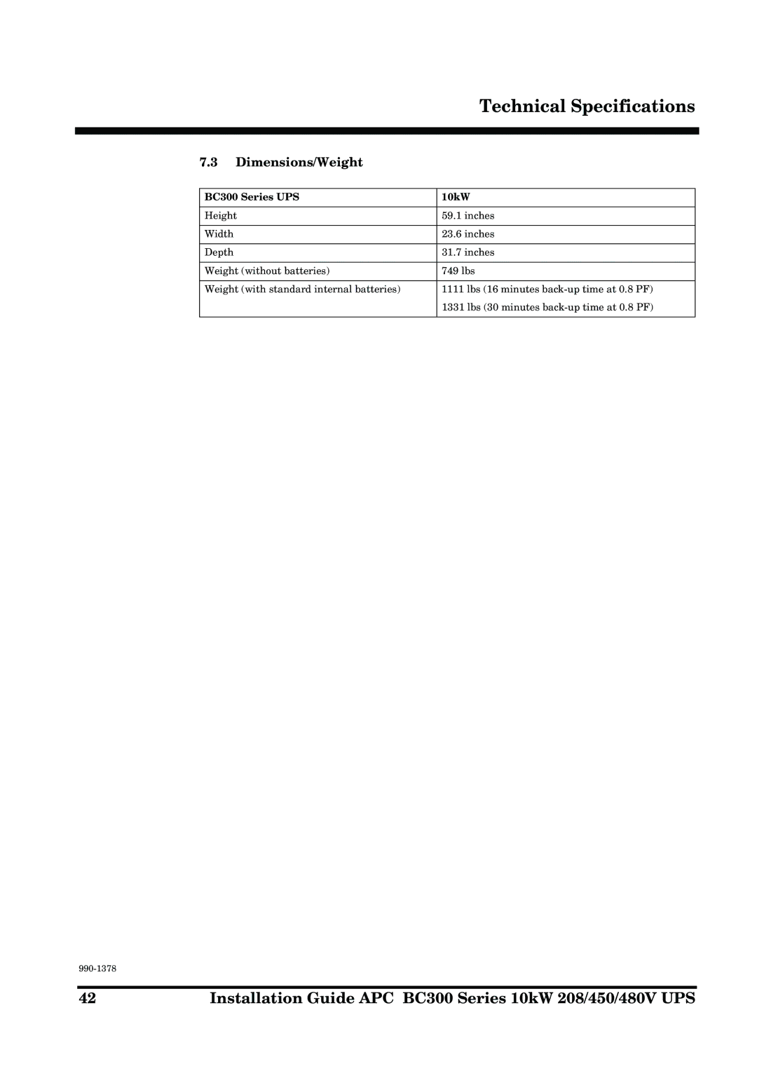 APC 990-1378 manual Dimensions/Weight, BC300 Series UPS 10kW 