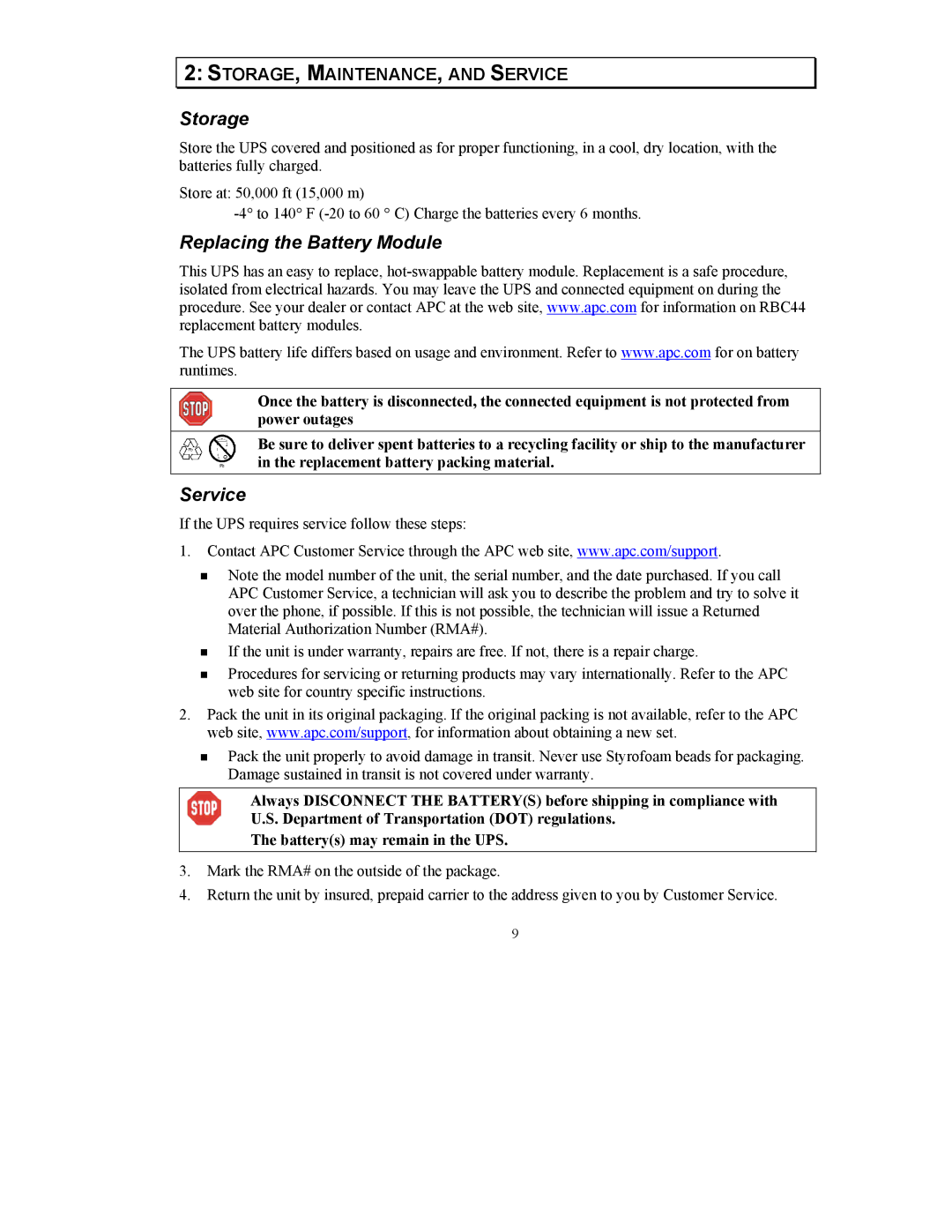 APC 990-1387A user manual Storage, Replacing the Battery Module, Service 