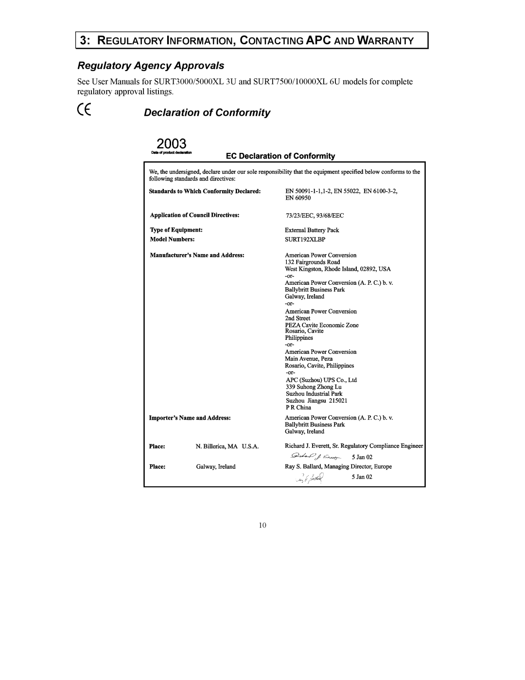 APC 990-1387A user manual Regulatory Agency Approvals Declaration of Conformity 