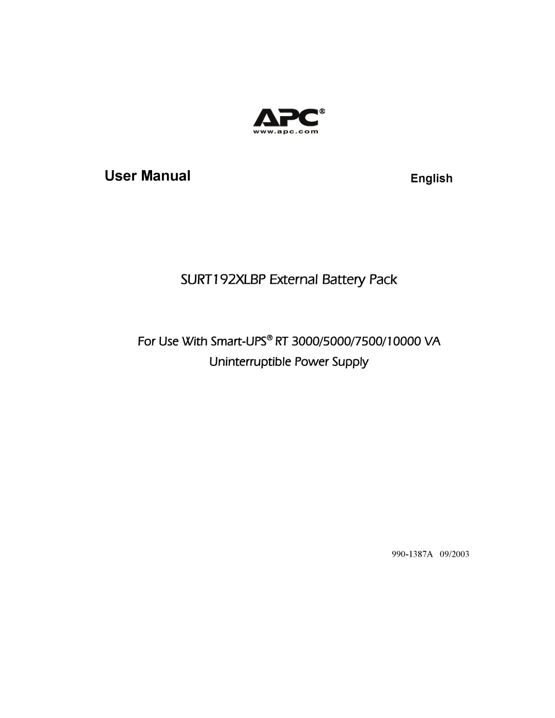APC 990-1387A user manual SURT192XLBP External Battery Pack 