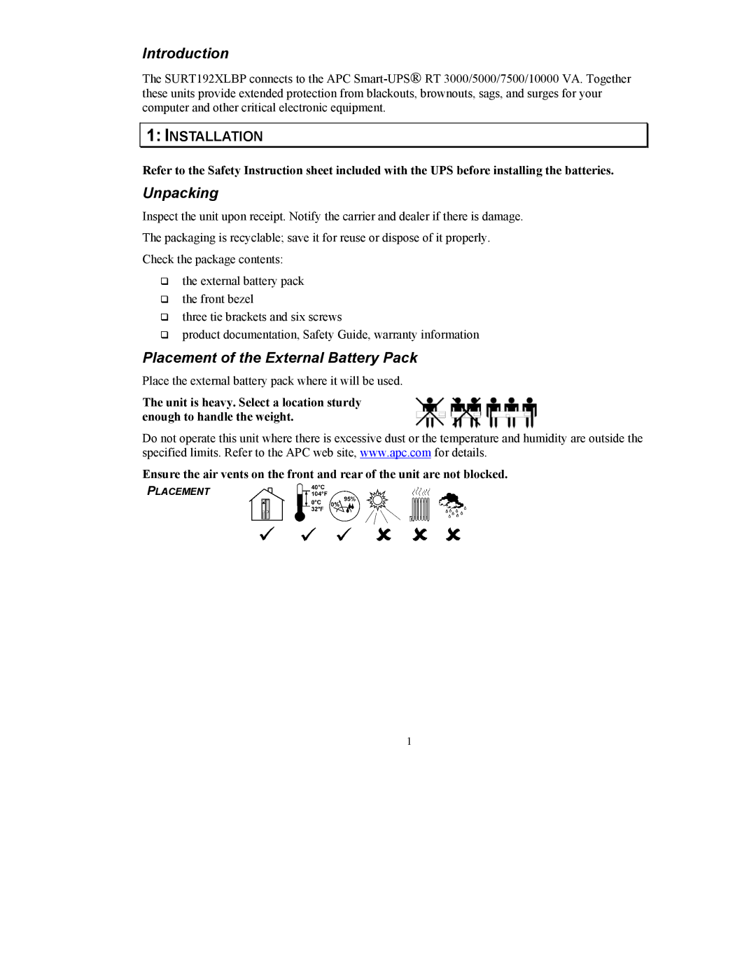 APC 990-1387A user manual Introduction, Unpacking, Placement of the External Battery Pack 