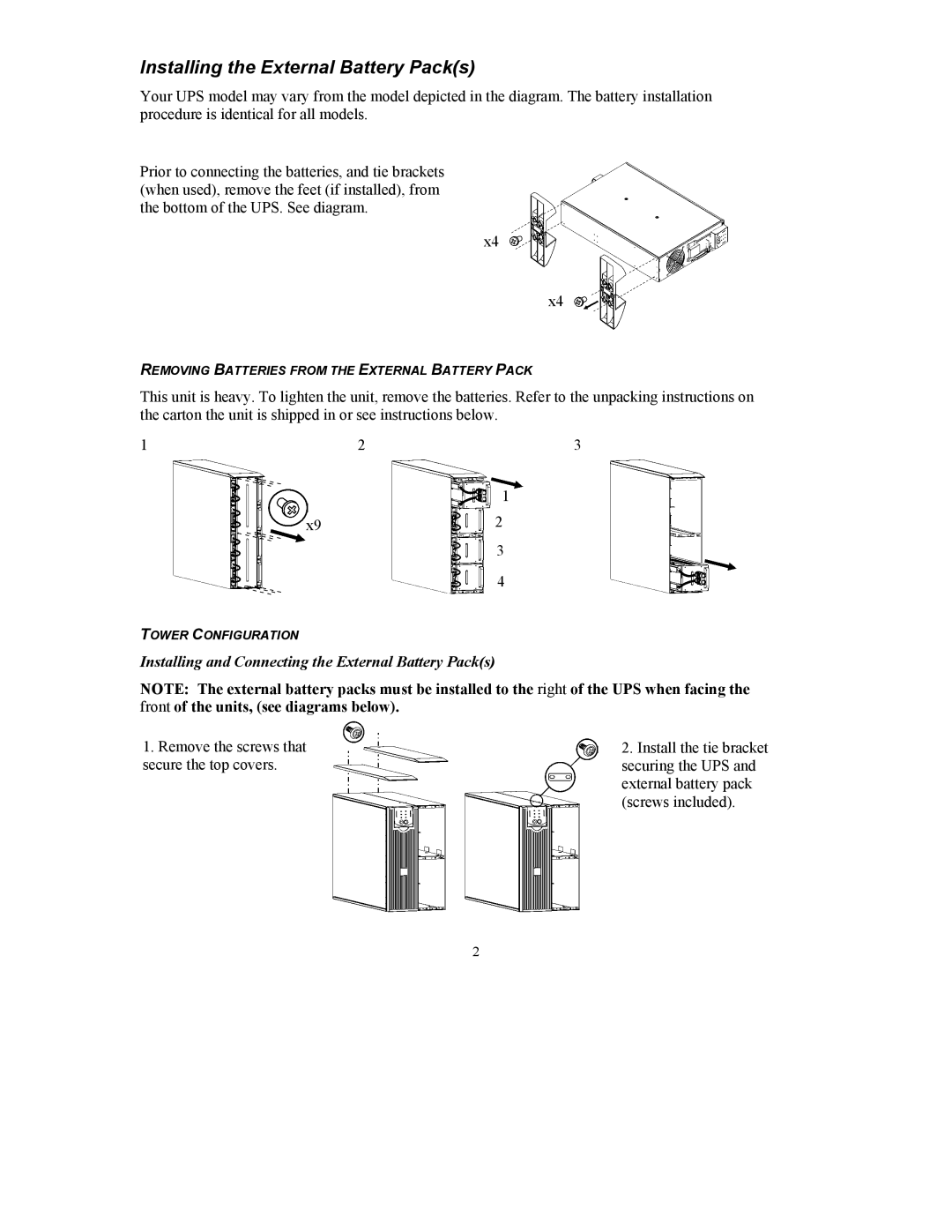 APC 990-1387A user manual Installing the External Battery Packs, Installing and Connecting the External Battery Packs 