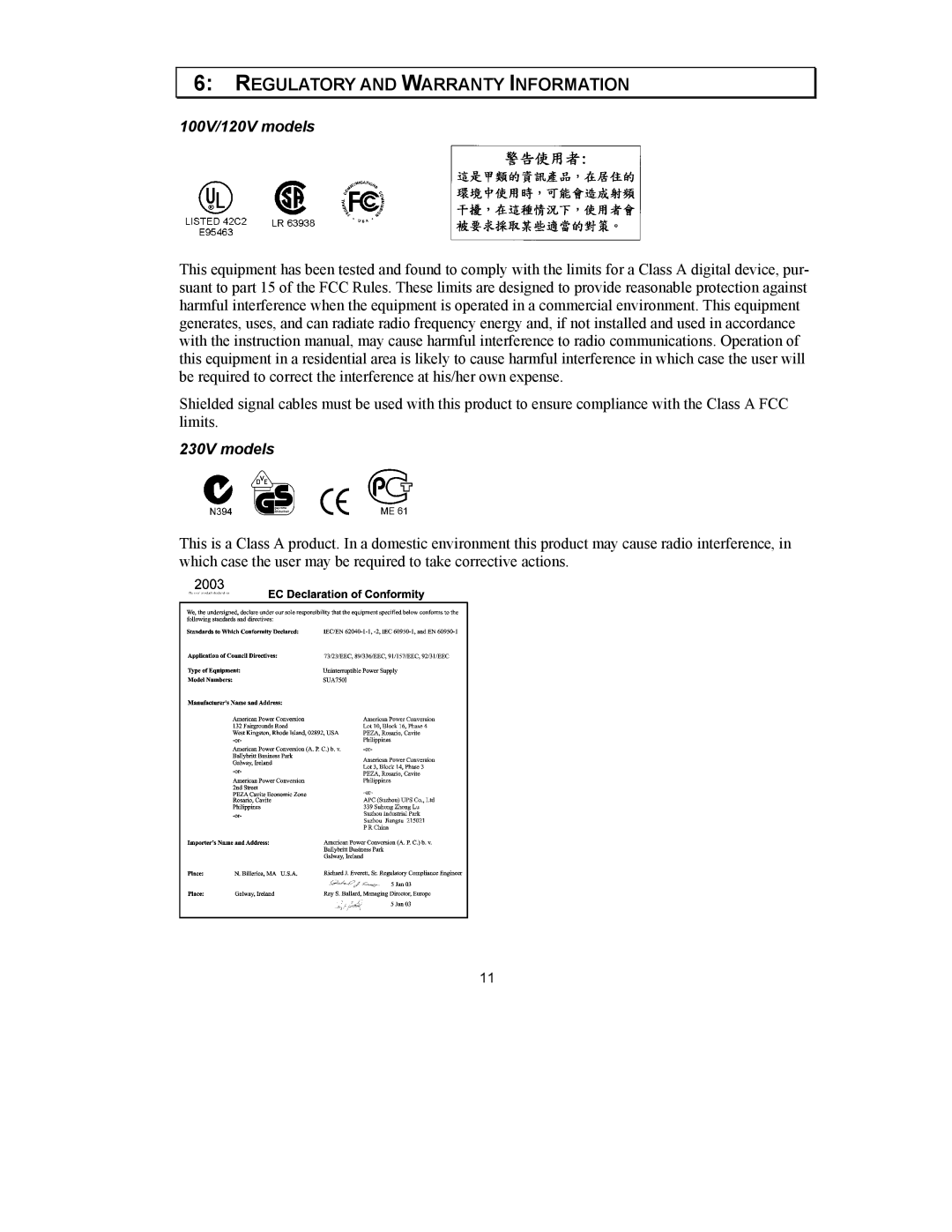 APC 990-1587 user manual Regulatory and Warranty Information, 100V/120V models, 230V models 