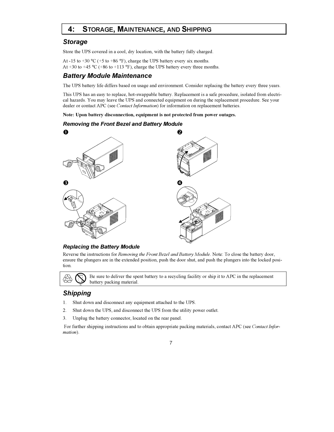 APC 990-1587 user manual Storage, Battery Module Maintenance, STORAGE, MAINTENANCE, and Shipping 